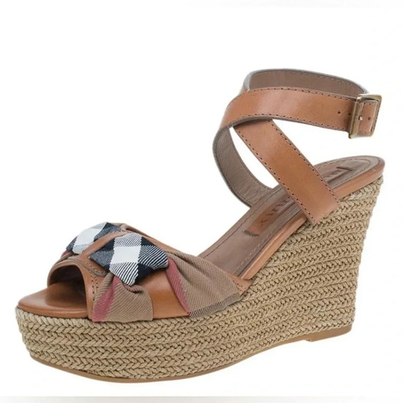 Burberry Brown Leather and Novacheck Canvas Espedrille Wedge Sandals - Picture 1 of 9